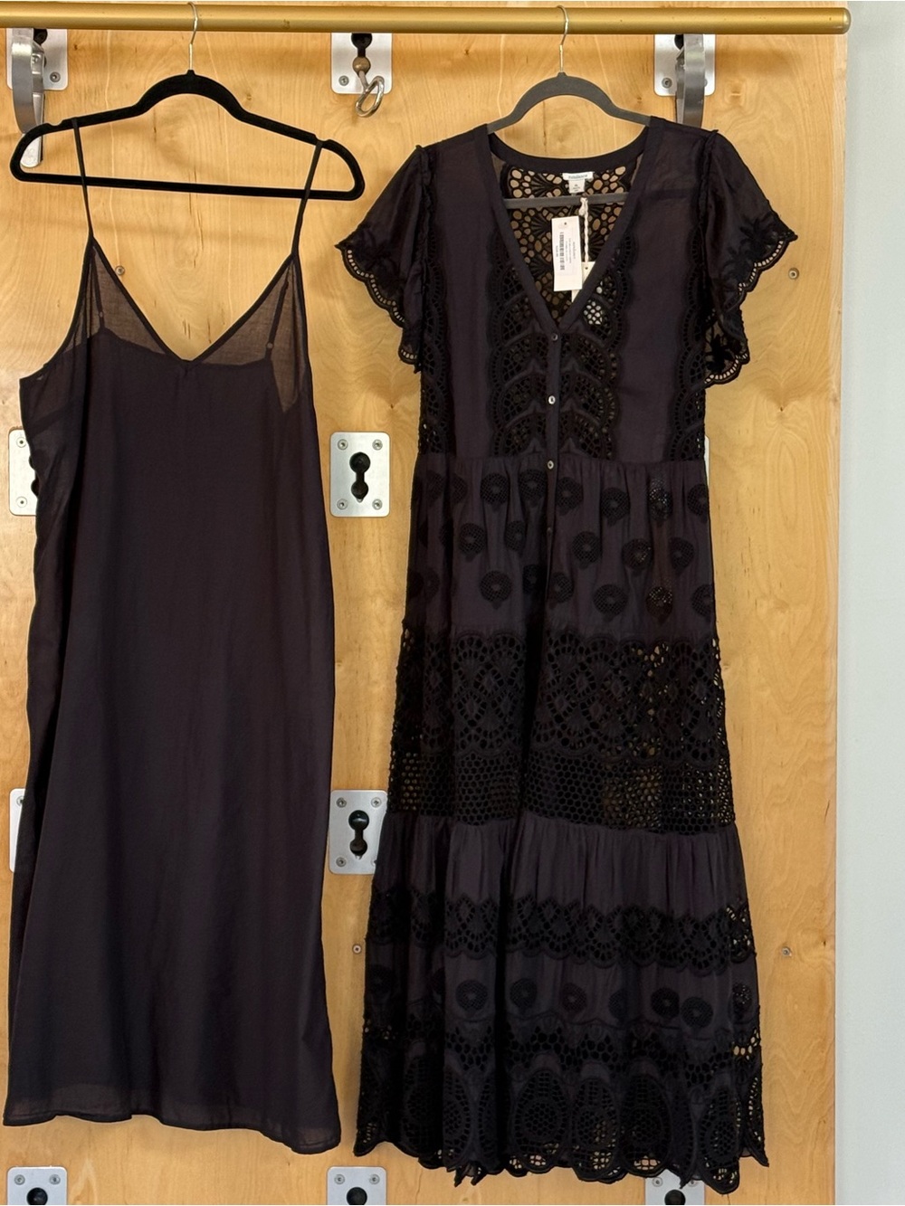 Sundance Black Lace-Panel Midi Dress with Matching Black Slip